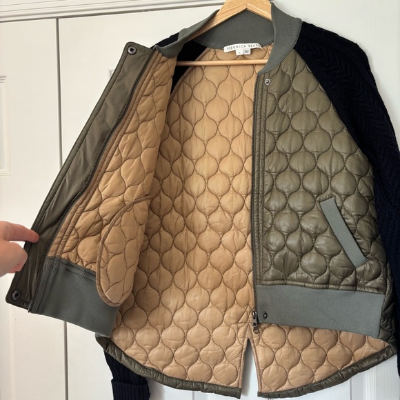 Veronica Beard Marjeti Mixed Media Quilted Bomber Jacket Navy Green S Lambswool - Picture 7 of 9